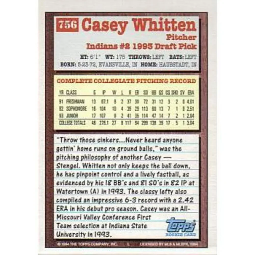 1994 Topps Casey Whitten DPK, RC # 756 Cleveland Indians